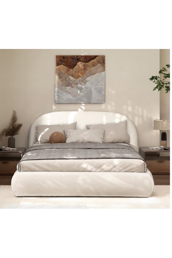 Archie Puffy Grounded Upholstered Platform Bed, Queen, Almond White