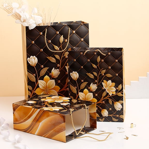 Archies Gift Paper Bag Pack Of 3 (Large-Medium-Small) Black And Gold Floral Design
