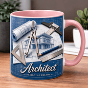 Architect Coffee Mug Blueprint Design with Drafting Tools, Personalized Gift Cup