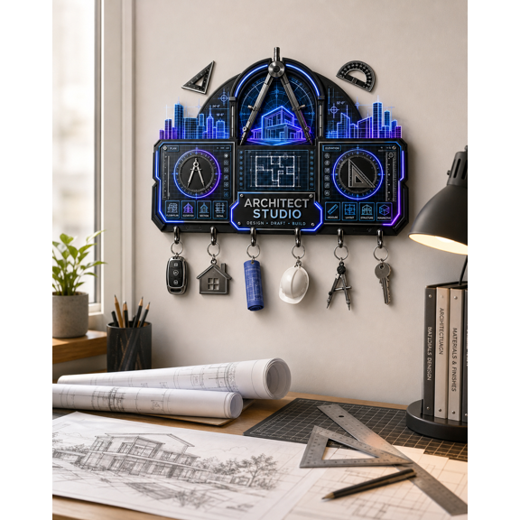 Architect Gift Wooden Key Hanger, Personalized Key Holder for Design Studio Entryway