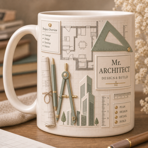 Architect Mug Blueprint Design Coffee Cup Gift for Architects, Designers, and Graduates