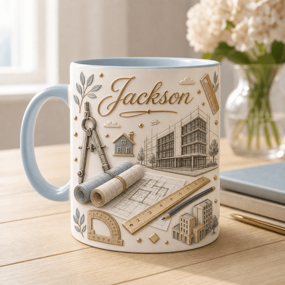 Architect Mug Personalized Name 3D Effect Blueprint Design Gift for Architects