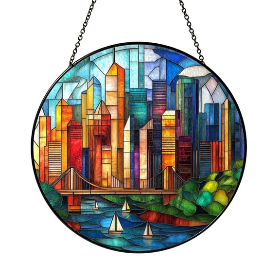 Architectural City Landscape Stained Glass Style Window Hanging