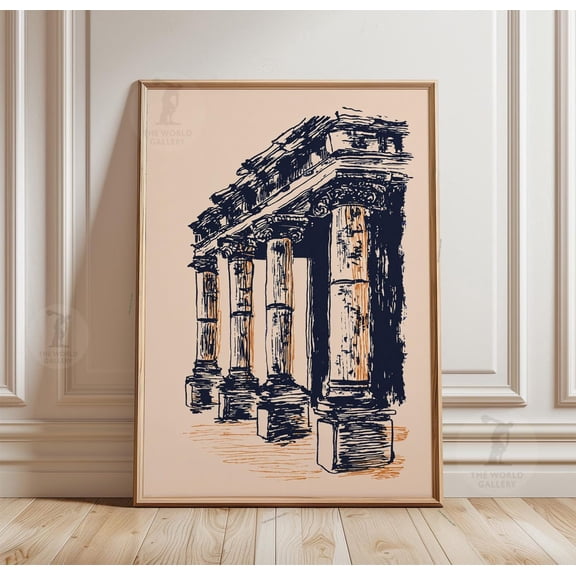 Architectural Columns Line Drawing Minimalist Black White Wall Art, Unframed Poster
