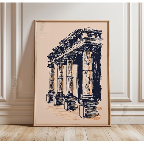 Architectural Columns Line Drawing Print Minimalist Black White Wall Art
