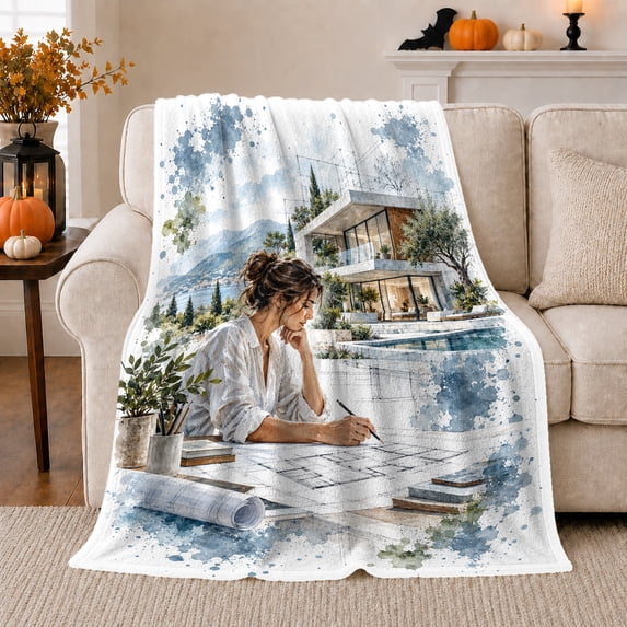 Architectural Design Art, Peaceful Mountain Lake Scene, Warm Flannel ...