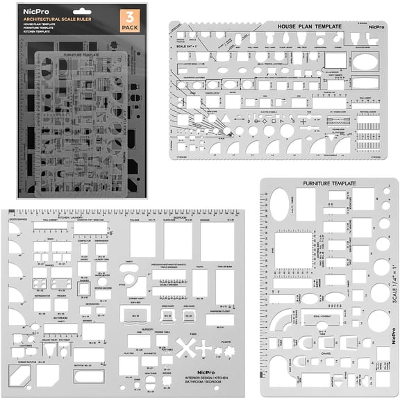 Architectural Drafting Tools, 3 PCS Templates for House Plan Furniture Kitchen, Building, Interior Design CAD Drawing, Geometry Measuring Template Ruler Supplies