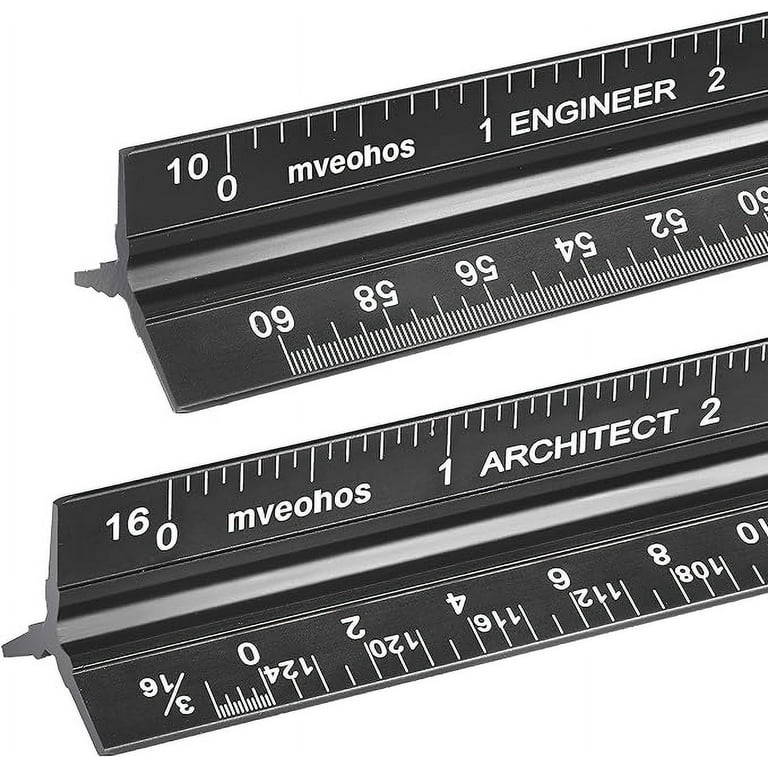Architectural and Engineering Scale Ruler Set, Imperial Measurements 12'',  Black Laser-Etched Aluminum Architect Triangular Ruler for Architects,  Students, Draftsman, and Engineers 