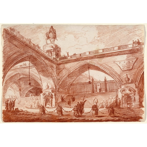 Architectural Fantasy with a Triumphal Bridge by Hubert Robert - 12" x 18" Art Print Wall Decor