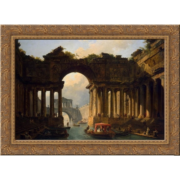 Architectural Landscape with a Canal 24x18 Gold Ornate Wood Framed Canvas Art by Hubert Robert