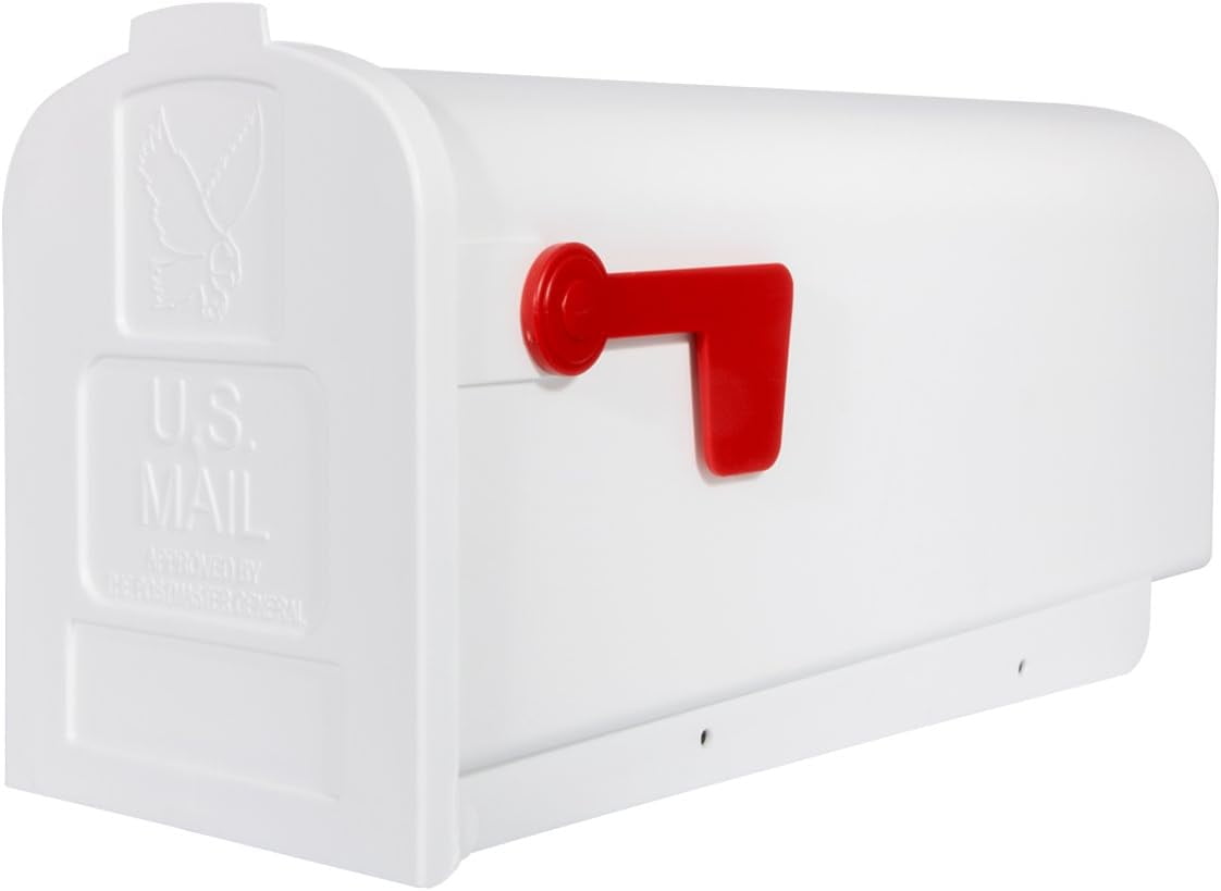 White Medium Plastic Post Mount Mailbox with Red Flag