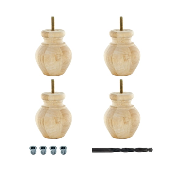 Outwater 4-1/2 in. H x 3-1/4 in. Dia Unfinished Solid Hardwood Bun Foot Leg for Furniture 4 Pack with 4 Free Insert Nuts and Drill Bit