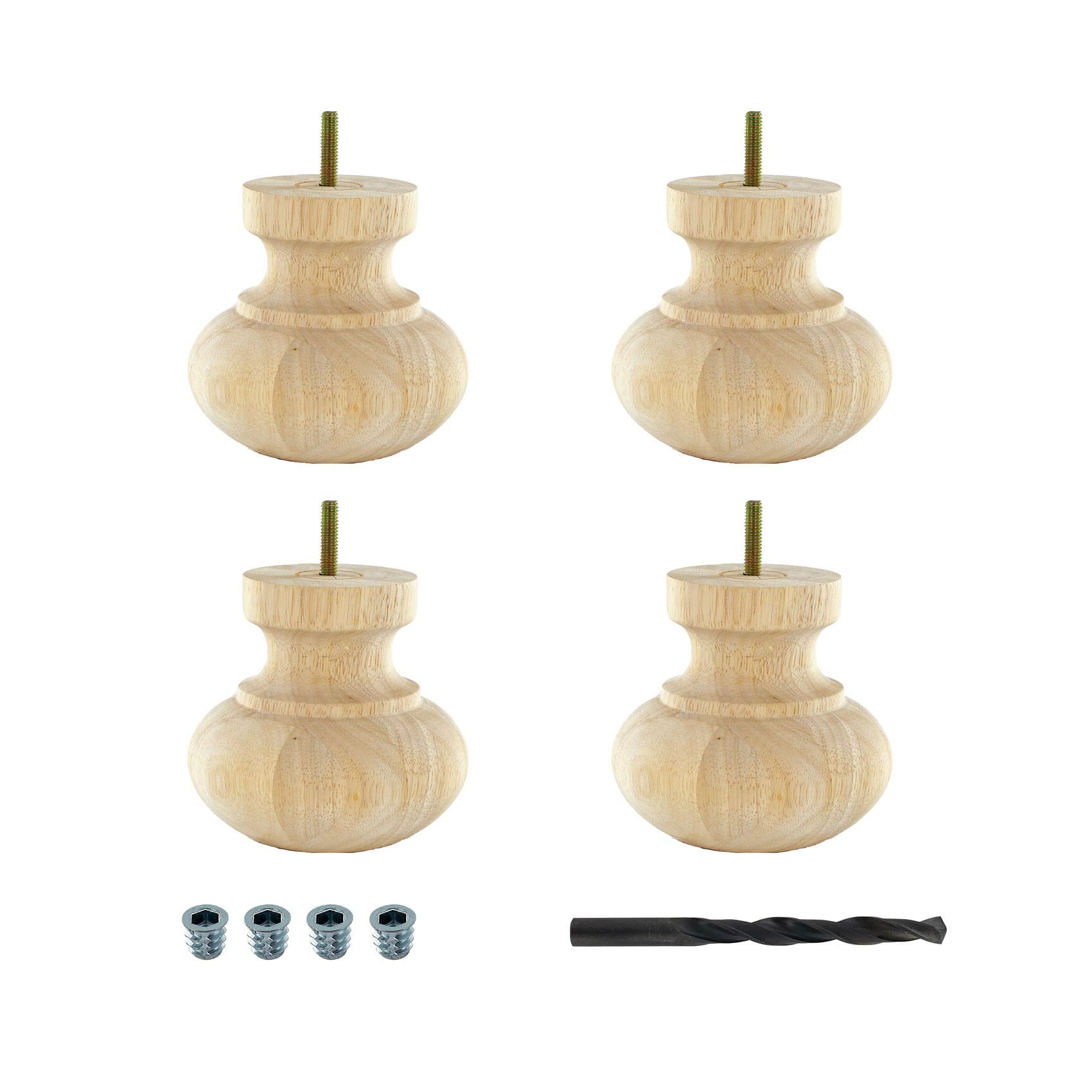 Unfinished Solid Hardwood Round Bun Foot 4-Pack with Insert Nuts and Drill Bit