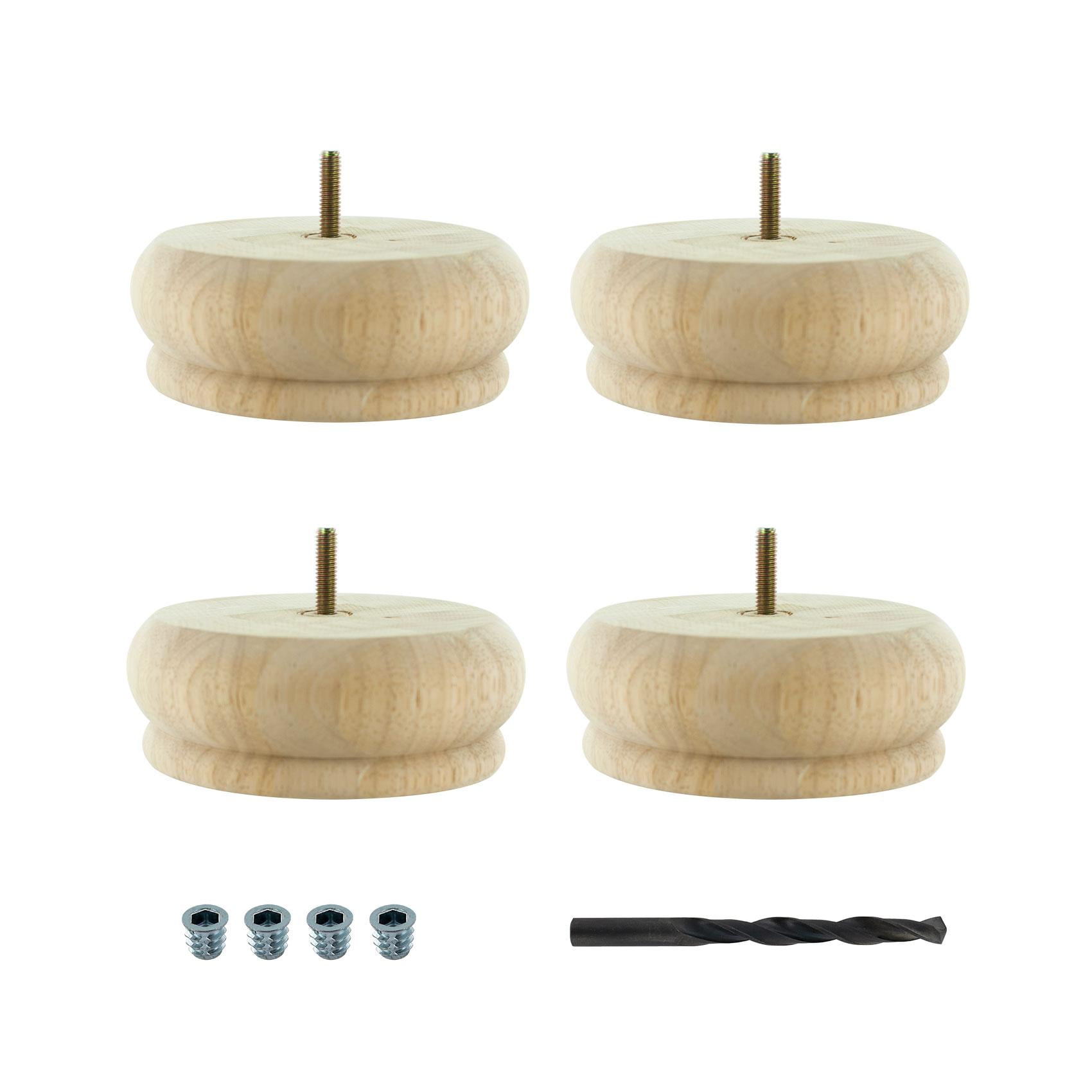 Unfinished Solid Hardwood Round Bun Foot Set with Drill Bit
