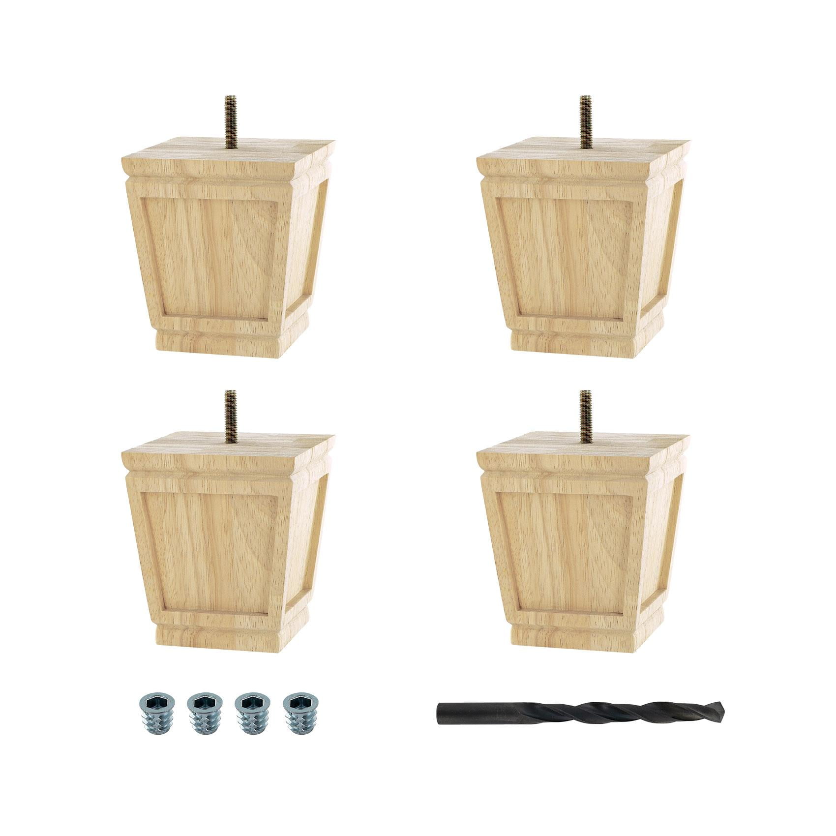 Unfinished Solid Hardwood Square Bun Foot Legs, Set of 4