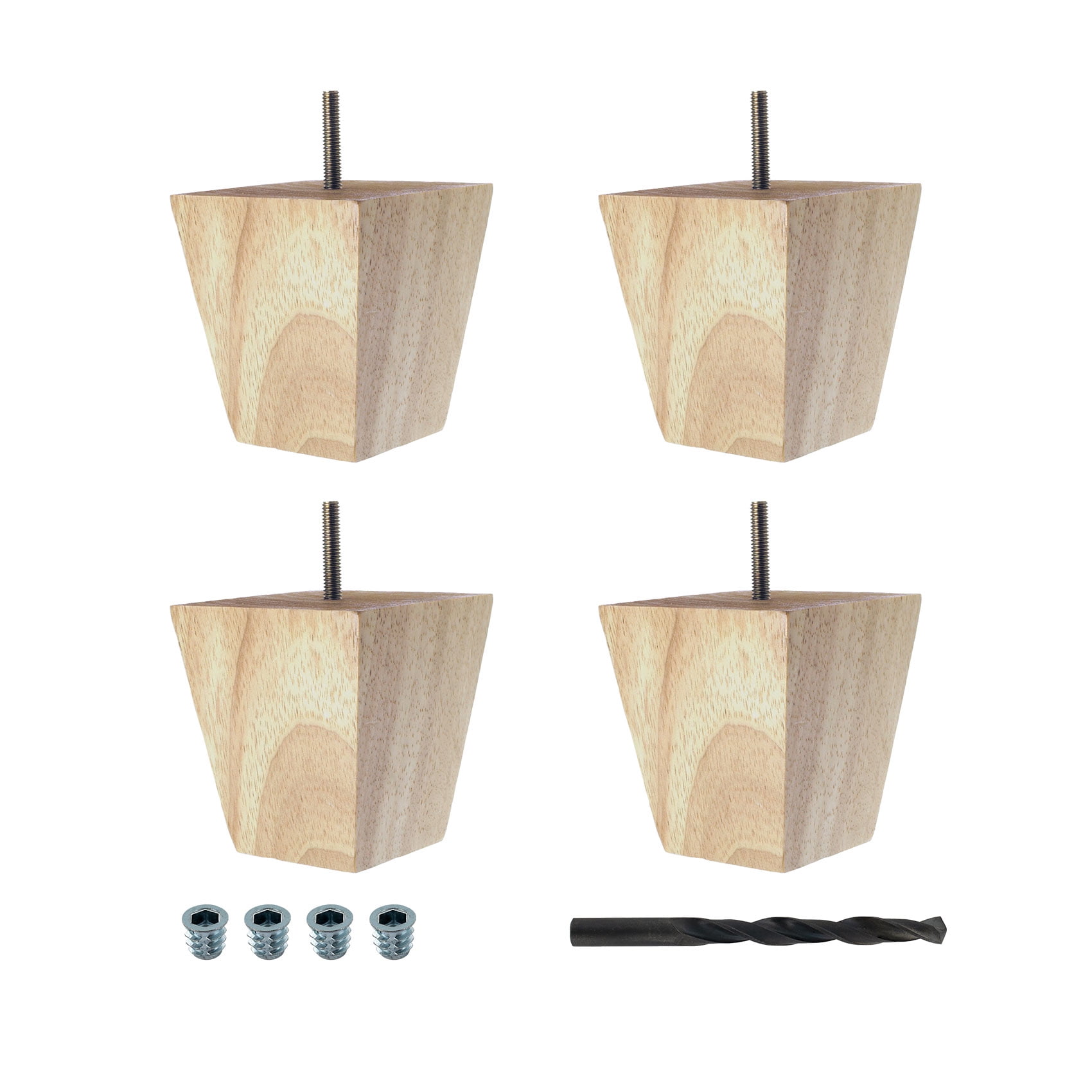 4" Unfinished Solid Hardwood Square Bun Foot Legs, Set of 4