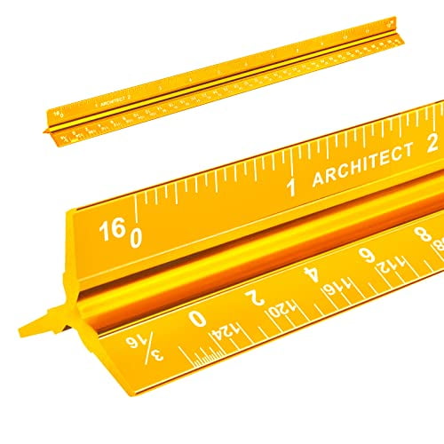 Architectural Scale Ruler, Imperial Measurements 12'', Laser-Etched Aluminum Architect Triangular Ruler Gold for Architects, Students, Draftsman, and Engineers by YNGLLC
