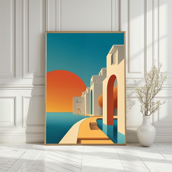 Architectural Seaside Art Poster, Geometric Coastal Sunset, Size 16x24 UNFFRAMED F03.1.7l1878
