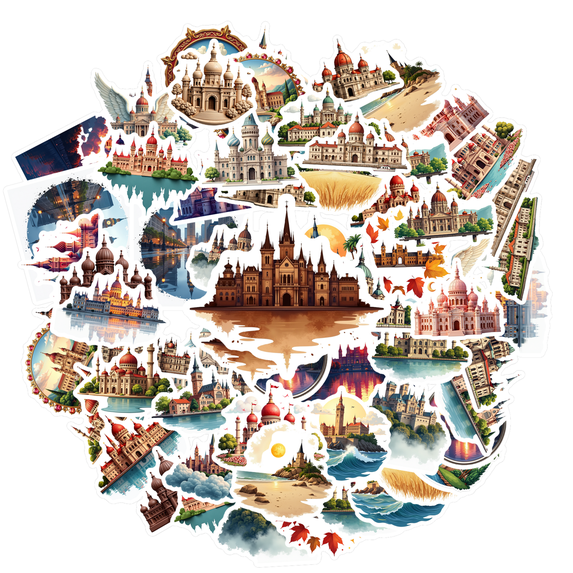 Architectural Stickers Landmark Stationery Stickers Historical PVC Stickers for Laptops Suitcases Fridge