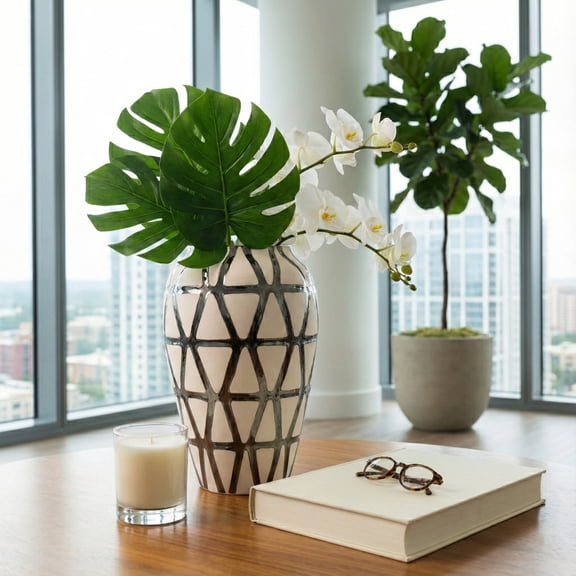 Architectural Vase for Living Room Decor - Refined Home Decor Accents with Geometric Grid Detail - Decorative Flower Vase for Room, Bedroom, House, Office, and Table Styling - 16", Ivory & Silver