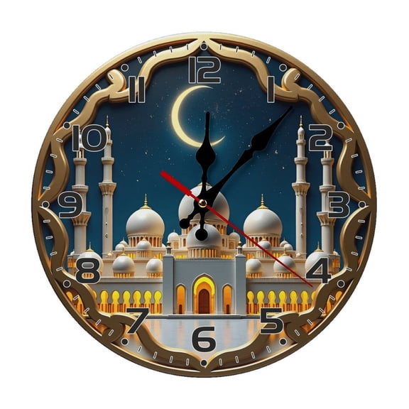 Architecture Building Moon Wall Clock 10 Inch Silent Non Ticking Round Wooden Clock Decoration for Living Room Kitchen Bedroom Bathroom Office Classroom