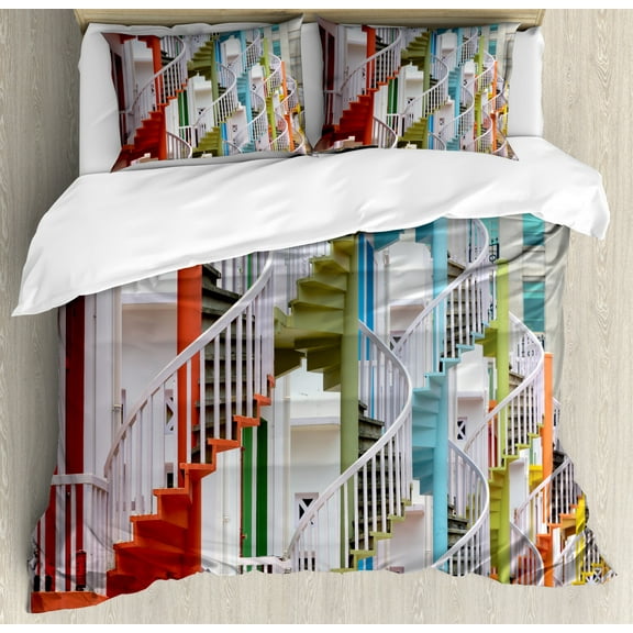 Architecture Duvet Cover Set King Size, Singapore at Bugis Village Spiraling Colorful Stairs Modern Picturesque, Decorative 3 Piece Bedding Set with 2 Pillow Shams, Multicolor, by Ambesonne