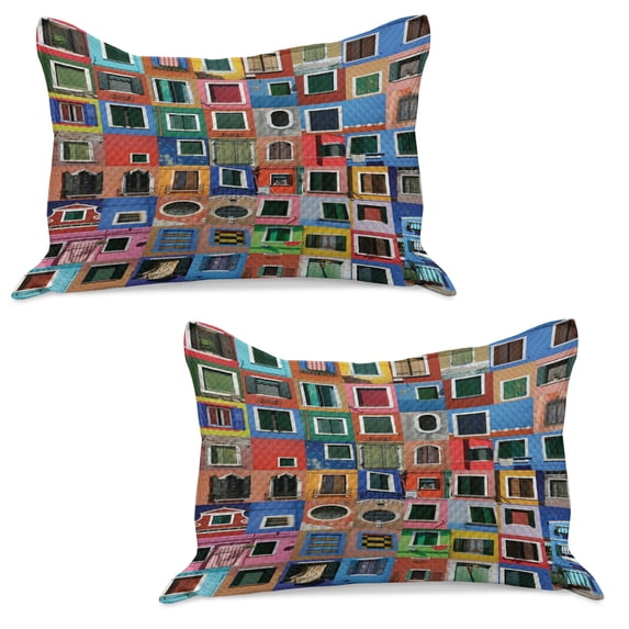 Architecture Knitted Quilt Pillowcover Set of 2, Various Burano Windows Venetian Venice Doors Repetition Historical Feels, Standard Queen Pillow Sham Bedroom, 30" x 20", Coral and Blue, by Ambesonne
