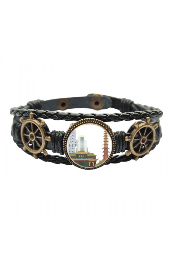 Architecture Qingyang China Pattern Leather Braided Ocean Bracelet Wristband