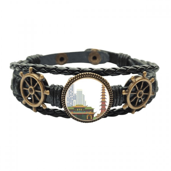 Architecture Qingyang China Pattern Leather Braided Ocean Bracelet Wristband