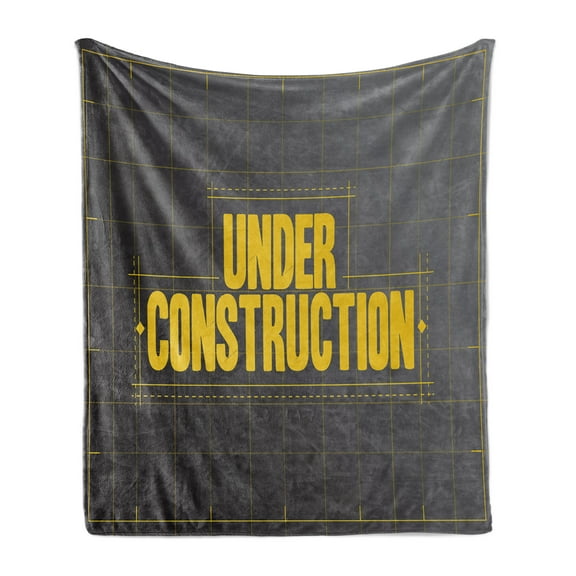 Architecture Soft Flannel Fleece Blanket, Under Construction Lettering Warning Sign on a Greyscale Background, Cozy Plush for Indoor and Outdoor Use, 70" x 90", Dark Grey and Yellow, by Ambesonne