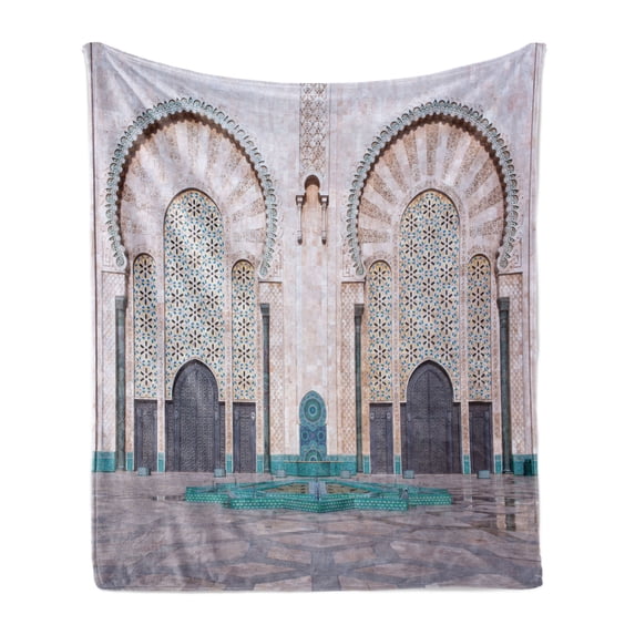 Architecture Soft Flannel Fleece Throw Blanket, Eastern Exterior Vista of Casablanca Historic Building Gates and Quad Photo, Cozy Plush for Indoor and Outdoor Use, 60" x 80", Multicolor, by Ambesonne