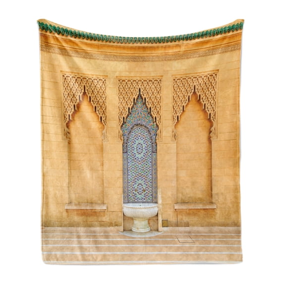 Architecture Soft Flannel Fleece Throw Blanket, Photo of Moroccan Style Fountain with Folkloric Mosaic Tiles, Cozy Plush for Indoor and Outdoor Use, 70" x 90", Pale Orange Multicolor, by Ambesonne