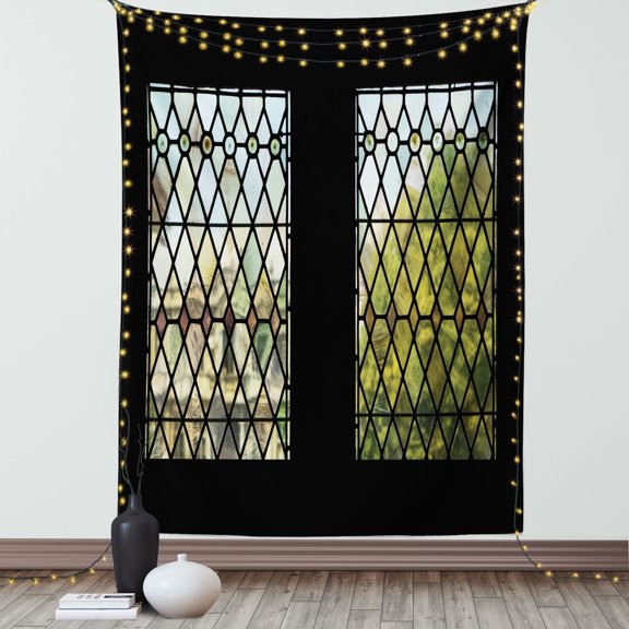 Architecture Tapestry, Scene of a View Through Windows Landmark Town Hall Monument in the City, Wall Hanging for Bedroom Living Room Dorm Decor, 60W X 80L Inches, Multicolor, by Ambesonne