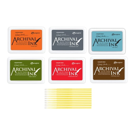 Archival Ink Bundle - WV Tiger Lily, Sky Blue, Potting Soil, Watering Can, Carnation Red, Fern Green with Trebbies Detail Sticks (6 Ink Pads)
