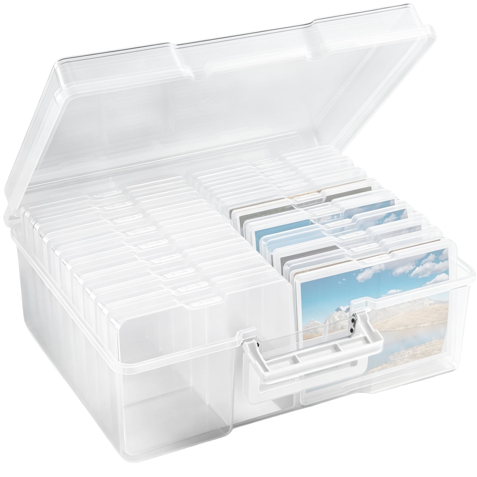 5 x 7 Photo Storage Box, Clear Plastic Photo Organizer Case with 18 Inner Containers, Portable Craft Storage Keeper with Handle and Buckle for Pictures, Cards, Jewelry, Supplies