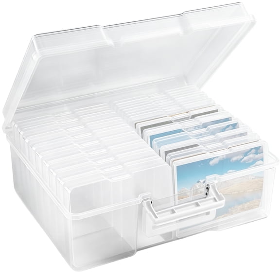 5 x 7 Photo Storage Box, Clear Plastic Photo Organizer Case with 18 Inner Containers, Portable Craft Storage Keeper with Handle and Buckle for Pictures, Cards, Jewelry, Supplies