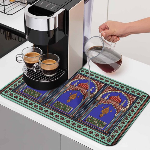 Archway Columns Dish Drying Mats for Kitchen Counter, Vintage Ethic Traditional Blue Teal Castle Symmetrical Absorbent Coffee Bar Mat with Non-slip Rubber Backed Quick Drying Dish Rack Pad 12"x16"