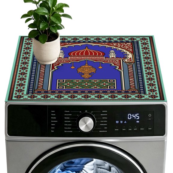 Archway Columns Washer Dryer Top Protector Mat 24"x20" Vintage Ethic Traditional Blue Teal Castle Symmetrical Washer and Dryer Covers for The Top, Non-Slip Washing Machine Mat for Laundry Kitchen