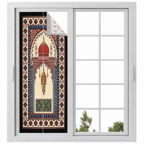 Archway Columns Window Privacy Film, Vintage Ethic Traditional Beige Brown Castle Symmetrical Frosted Glass Window Clings Static Cling UV Heat Blocking Reusable Sticker for Bathroom 29.5x78.7 Inch