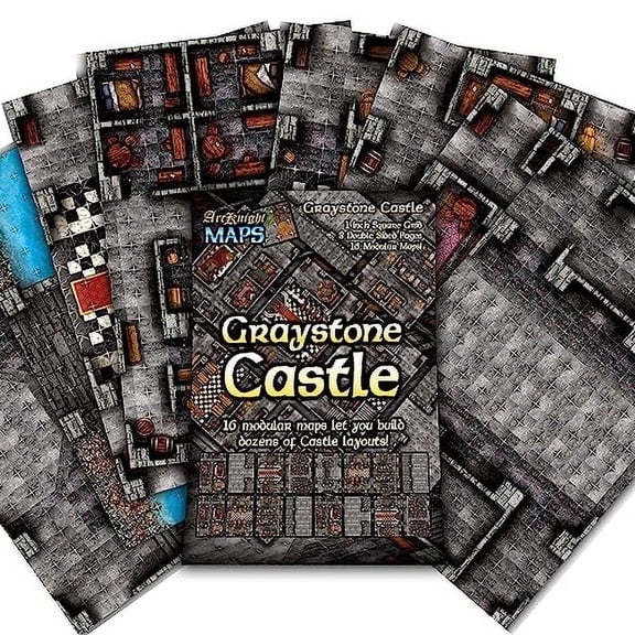 Arcknight The Graystone Castle Roleplaying Battlemaps; 16 Modular RPG Maps in 8 Double-Sided Pages, 1" Square Grid, Modular & Versatile Design for Tabletop Gaming - for D&D, Pathfinder and More