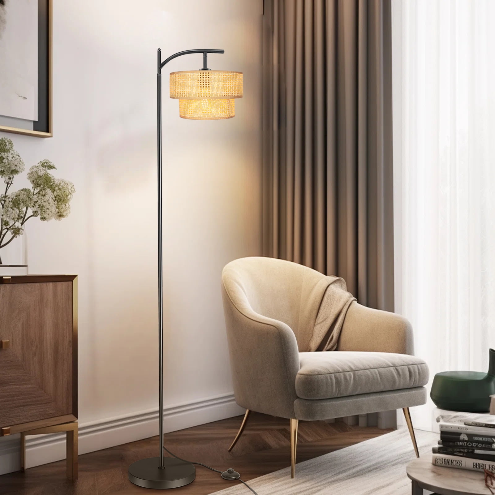 ArcoMead Arc Floor Lamp, Farmhouse Floor Lamp with Double Lampshade, Rattan Boho Tall Standing Lamp for Living Room Bedroom Offfice(Beige)
