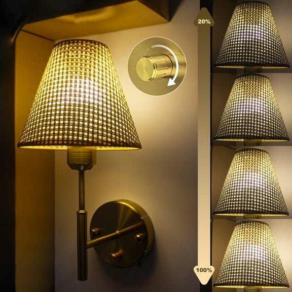 ArcoMead Dimmable Gold Swing Arm Wall Sconce with Plug-in Cord Modern Fabric Shade Bedside Lamp for Bedroom, Living Room, Hotel