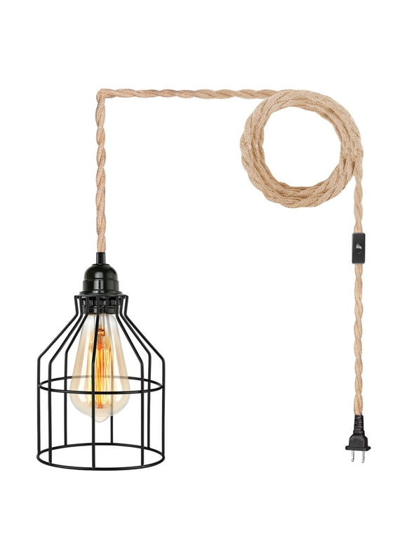 ArcoMead Farmhouse 14.9ft Pendant Light Hemp Rope Metal Cage Lampshade Hanging Lighting Fixtures with Plug in Cord Pendant Lamp for Living Room Bedroom Kitchen Island