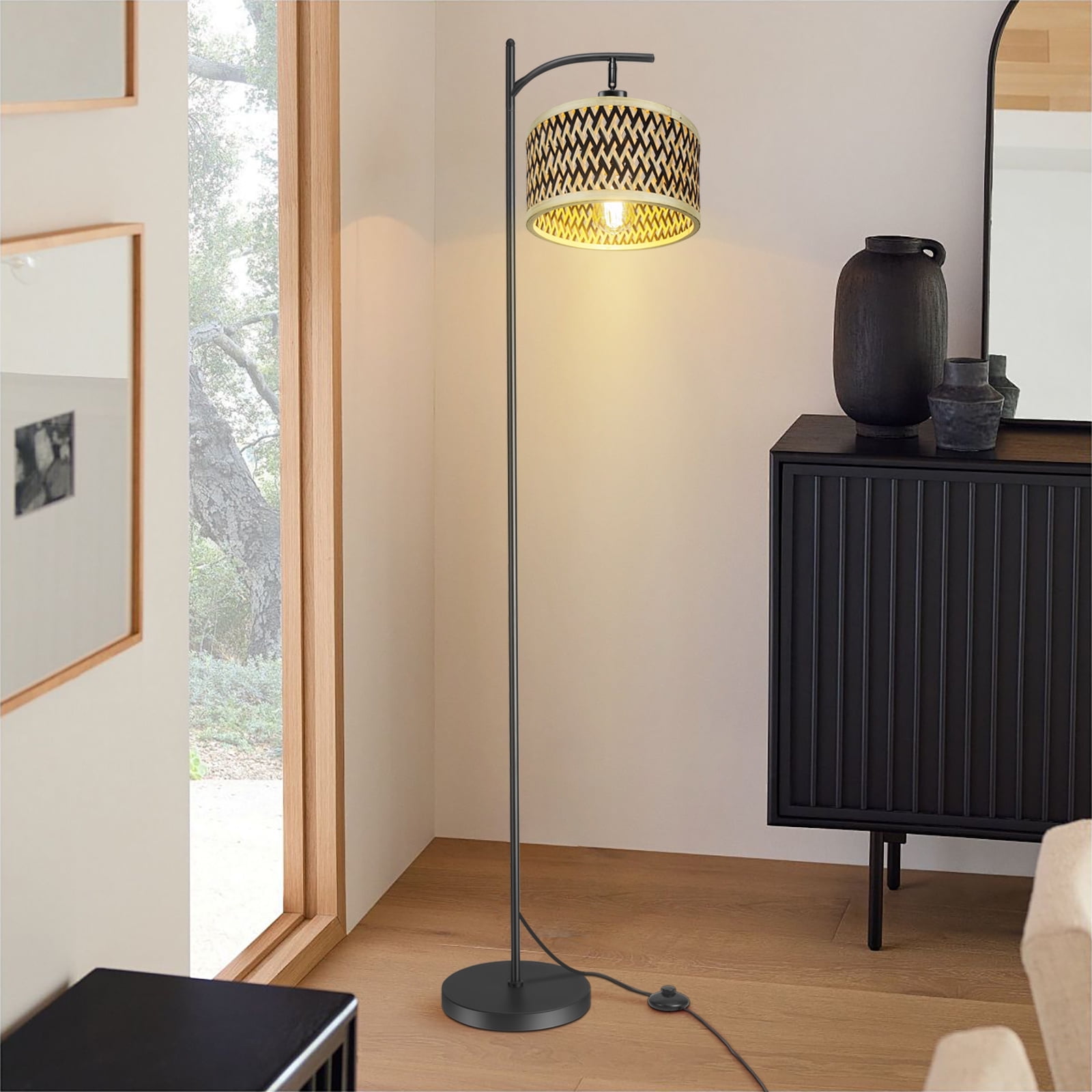 ArcoMead Modern Floor Lamp, Stylish Floor Lamp with Adjustable angle Lampshade, Rattan Boho Tall Standing Lamp for Living Room Bedroom Offfice