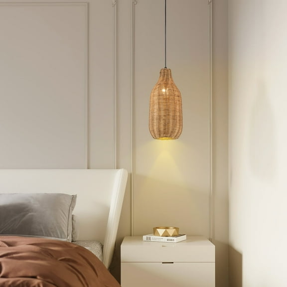 ArcoMead Rattan Pendant Lighting,  Handmade Bamboo Lampshade Weave Lighting Decor for Kitchen, Wooden Boho Modern Hanging Ceiling Light Fixture