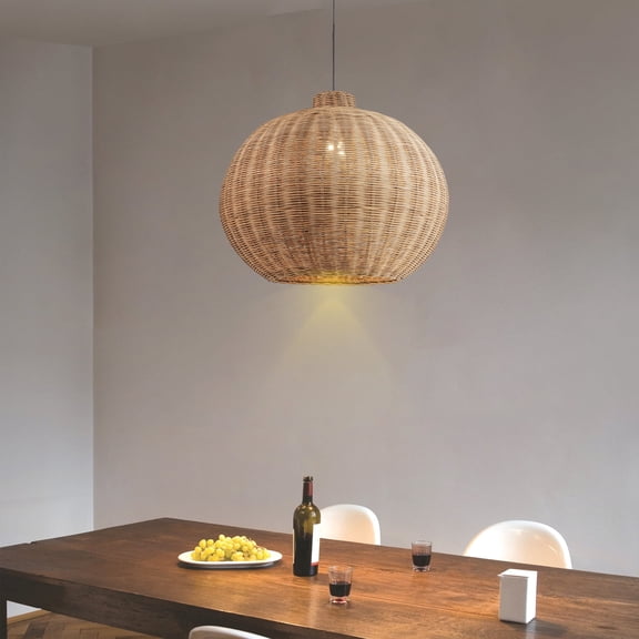 ArcoMead Rattan Pendant Lighting, Handmade Bamboo Lampshade Weave Lighting Decor for Kitchen, Wooden Boho Modern Hanging Ceiling Light Fixture