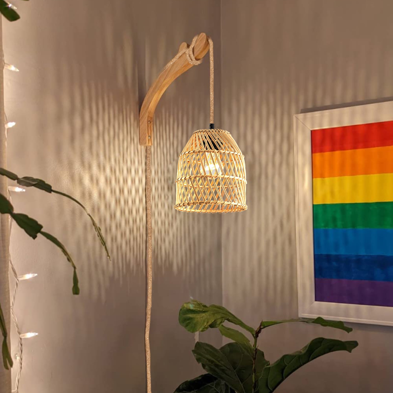 Wall Lamp with Plug in Cord Farmhouse Hand Woven Rattan Wall
