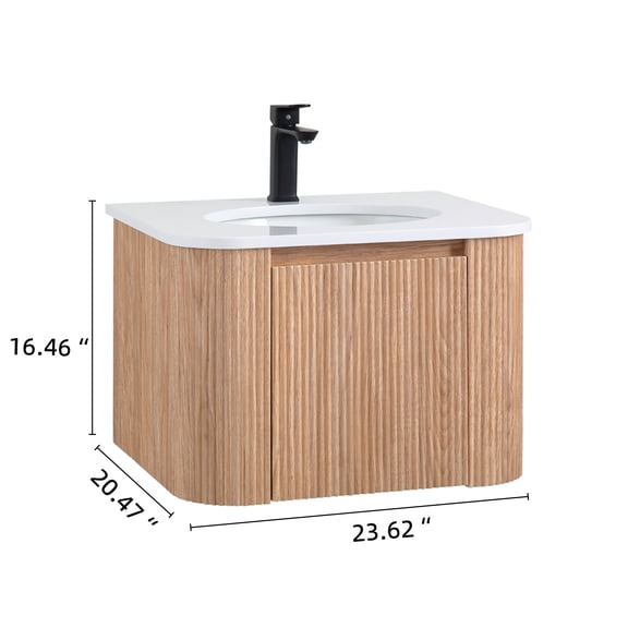 Arcora 24 Inch Wall Mounted Bathroom Vanity with Sink Curved Design, Wave Texture Wood Finish, Integrated Cultured Marble, Pre-Assembled, Modern Floating Vanity Cabinet with Soft Close Drawer