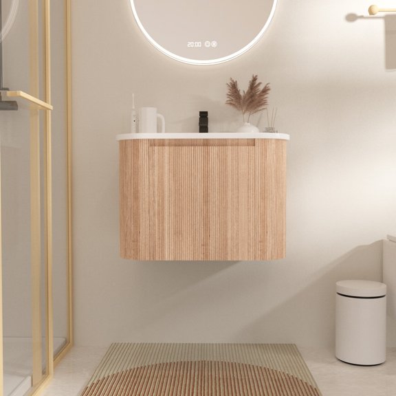Arcora 24 Inch Wall Mounted Bathroom Vanity with Sink Curved Design, Wave Texture Wood Finish, Integrated Cultured Marble, Pre-Assembled, Modern Floating Vanity Cabinet with Soft Close Drawe