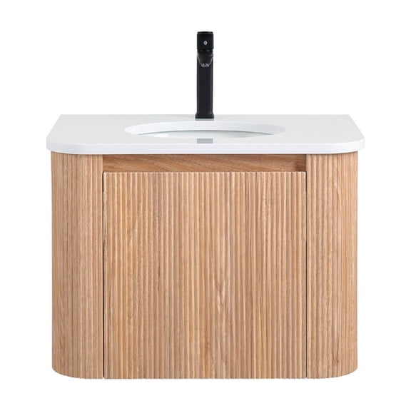 Arcora 30 Inch Wall Mounted Bathroom Vanity with Sink Curved Design, Wave Texture Wood Finish, Integrated Cultured Marble, Pre-Assembled, Modern Floating Vanity Cabinet with Soft Close Drawer